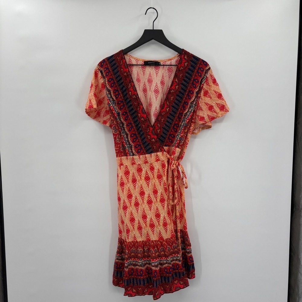 ZESICA Wrap Dress Women XXL Red Multi Boho Paisley Ruffle Summer Beach Vacation